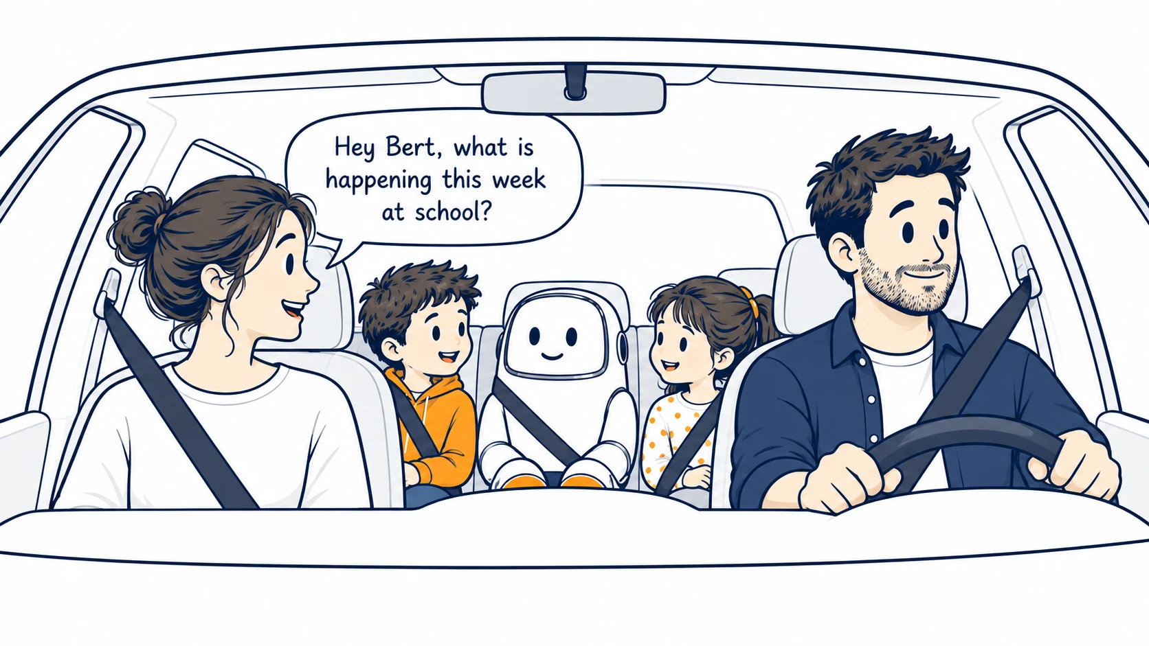 A family travels together in the car while Mum asks Bert, seated safely between the children, what is happening at school this week.