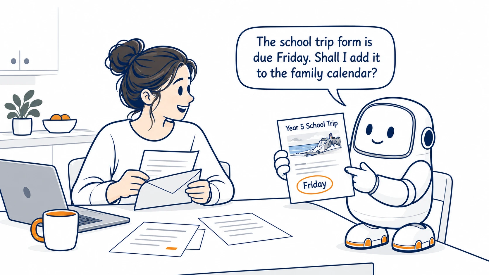 A parent opens the household post at the kitchen table while Bert holds up a school trip form and offers to add its Friday deadline to the family calendar.