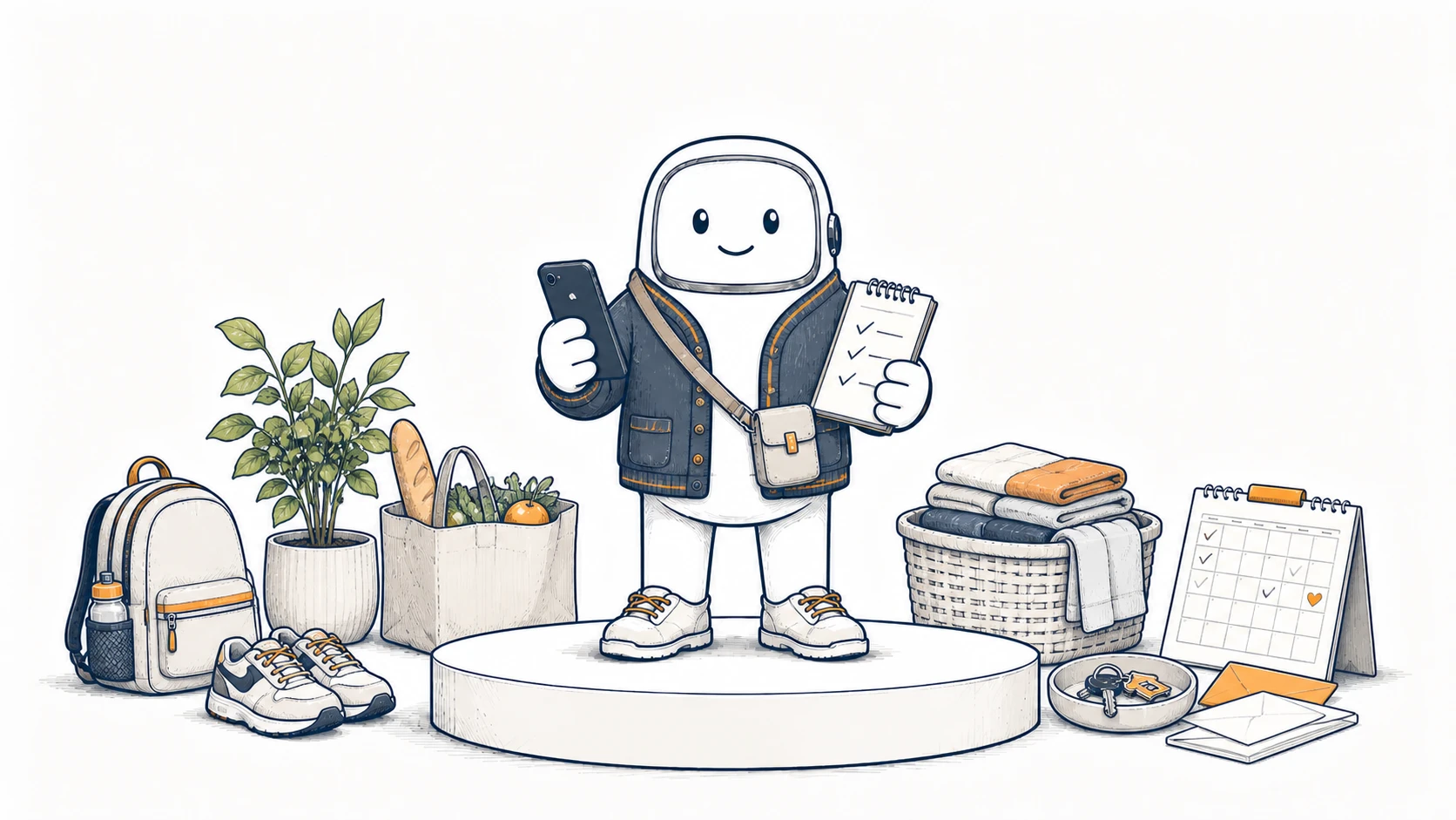 Bert dressed for home life, standing with a household planner and everyday family essentials.