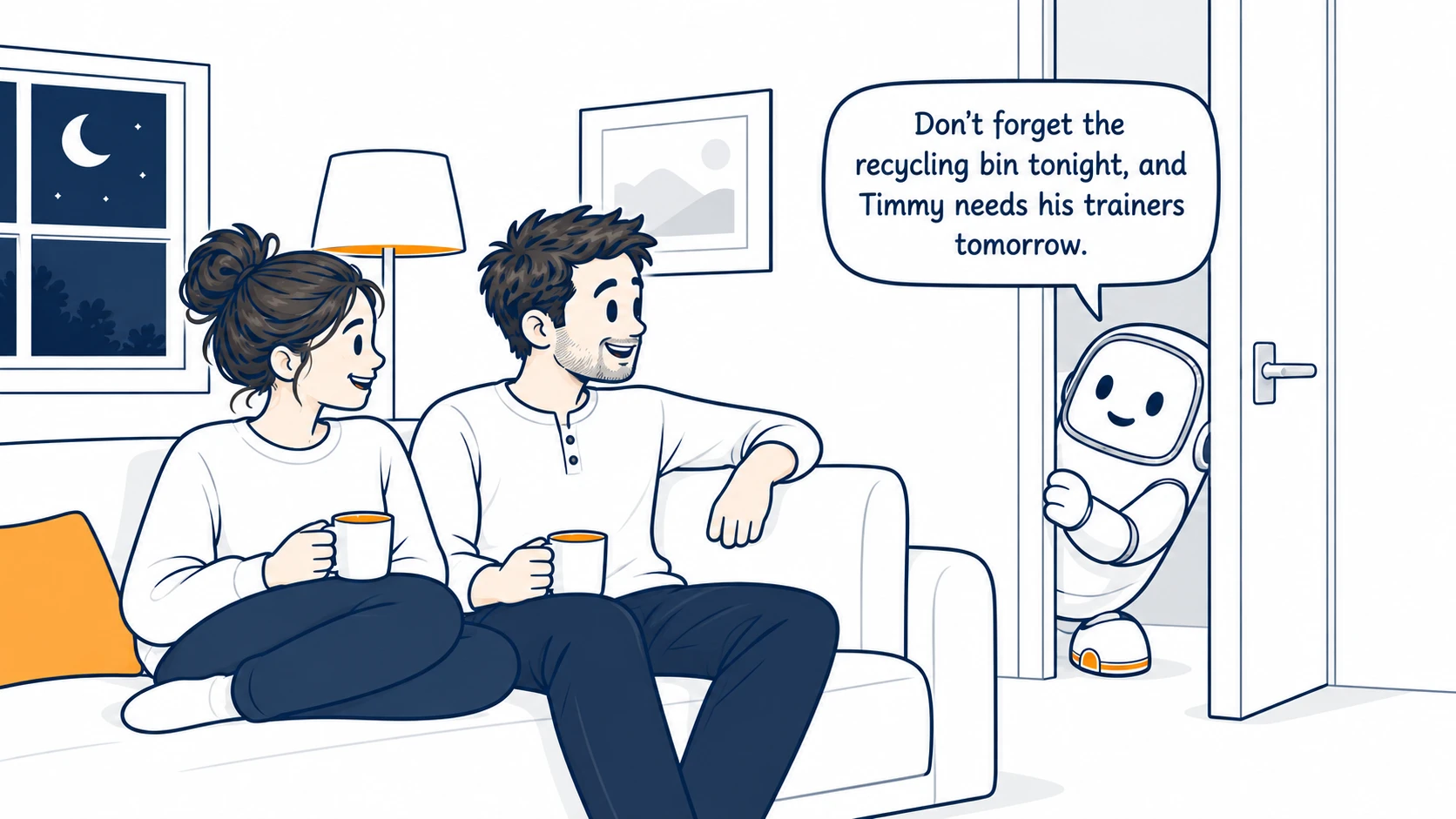 Mum and Dad relax together on the sofa in the evening while Bert pops around the doorway to remind them about recycling night and Timmy’s trainers.