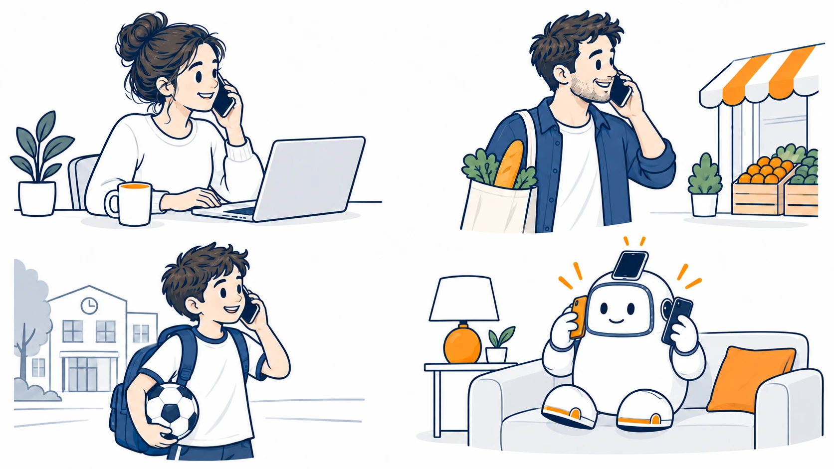 Mum, Dad and Timmy each speak to Bert by phone from different parts of their day while Bert handles all three calls at home.