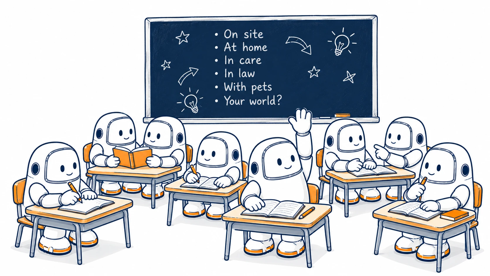 A classroom of Berts learning together. One has a hand raised while the chalkboard lists Bert on site, Bert at home, Bert in care, Bert in law, Bert with pets and your world.
