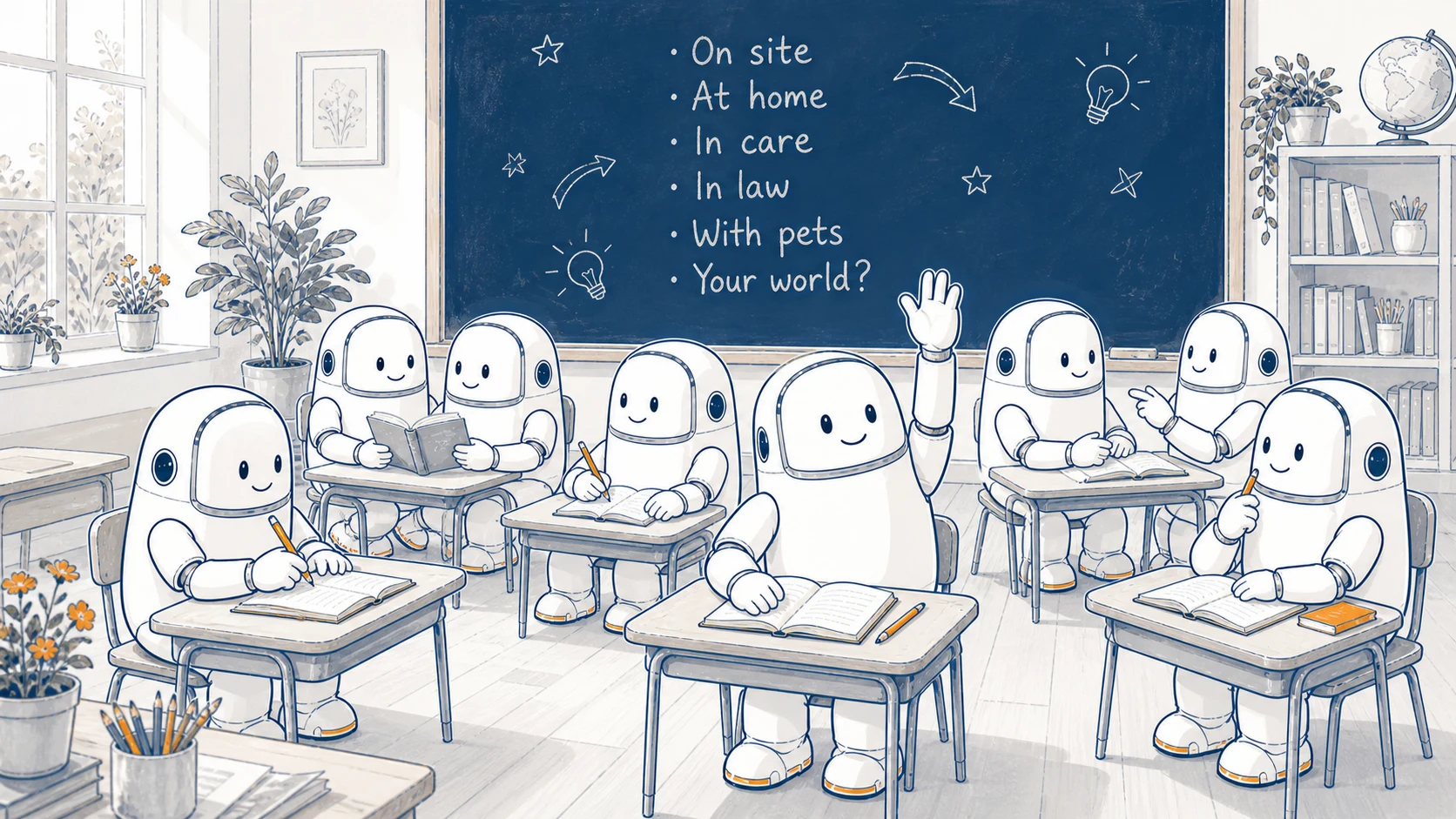 A classroom of Berts learning together. One has a hand raised while the chalkboard lists Bert on site, Bert at home, Bert in care, Bert in law, Bert with pets and your world.