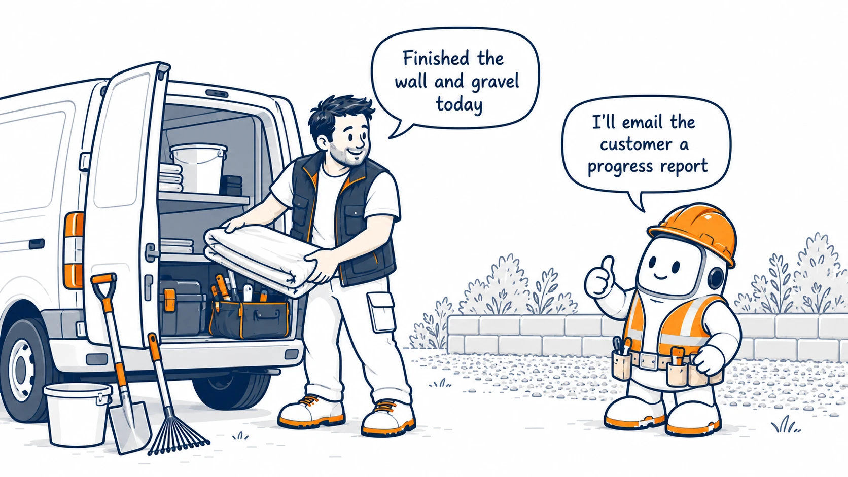 A tradesperson packs the van after finishing a wall and gravel area while Bert gives a thumbs-up and offers to email the customer a progress report.