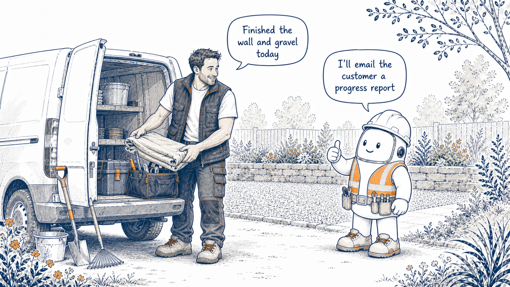 A tradesperson packs the van after finishing a wall and gravel area while Bert gives a thumbs-up and offers to email the customer a progress report.