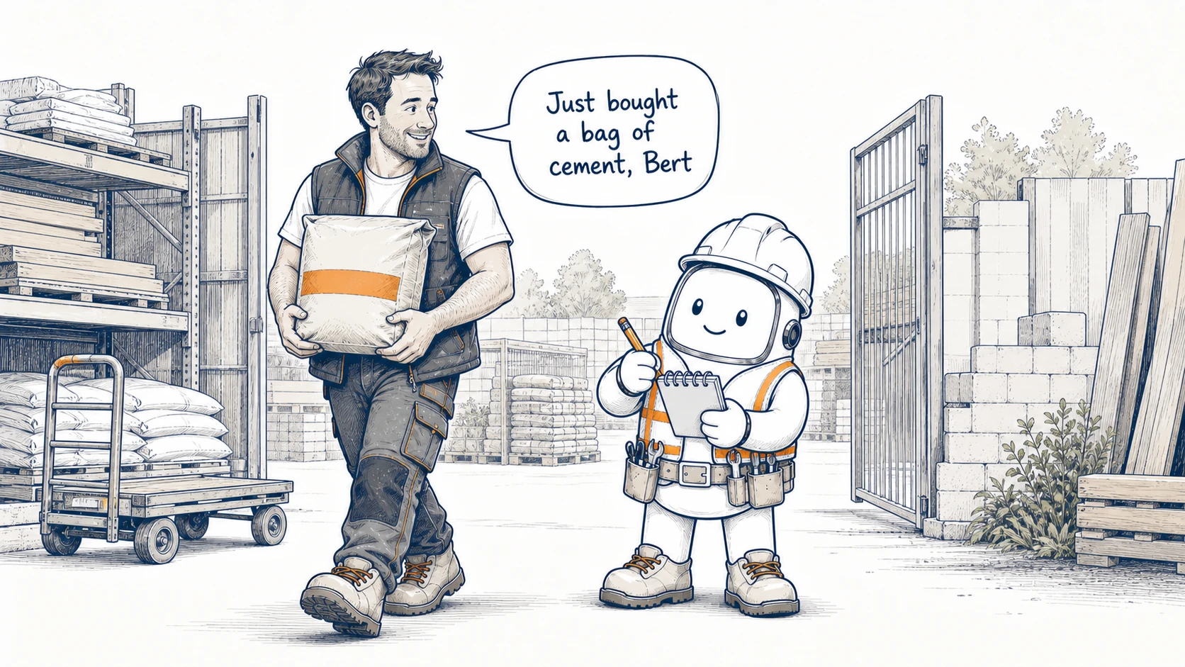 A tradesperson tells Bert, ‘Just bought a bag of cement, Bert,’ while Bert writes down the expense.