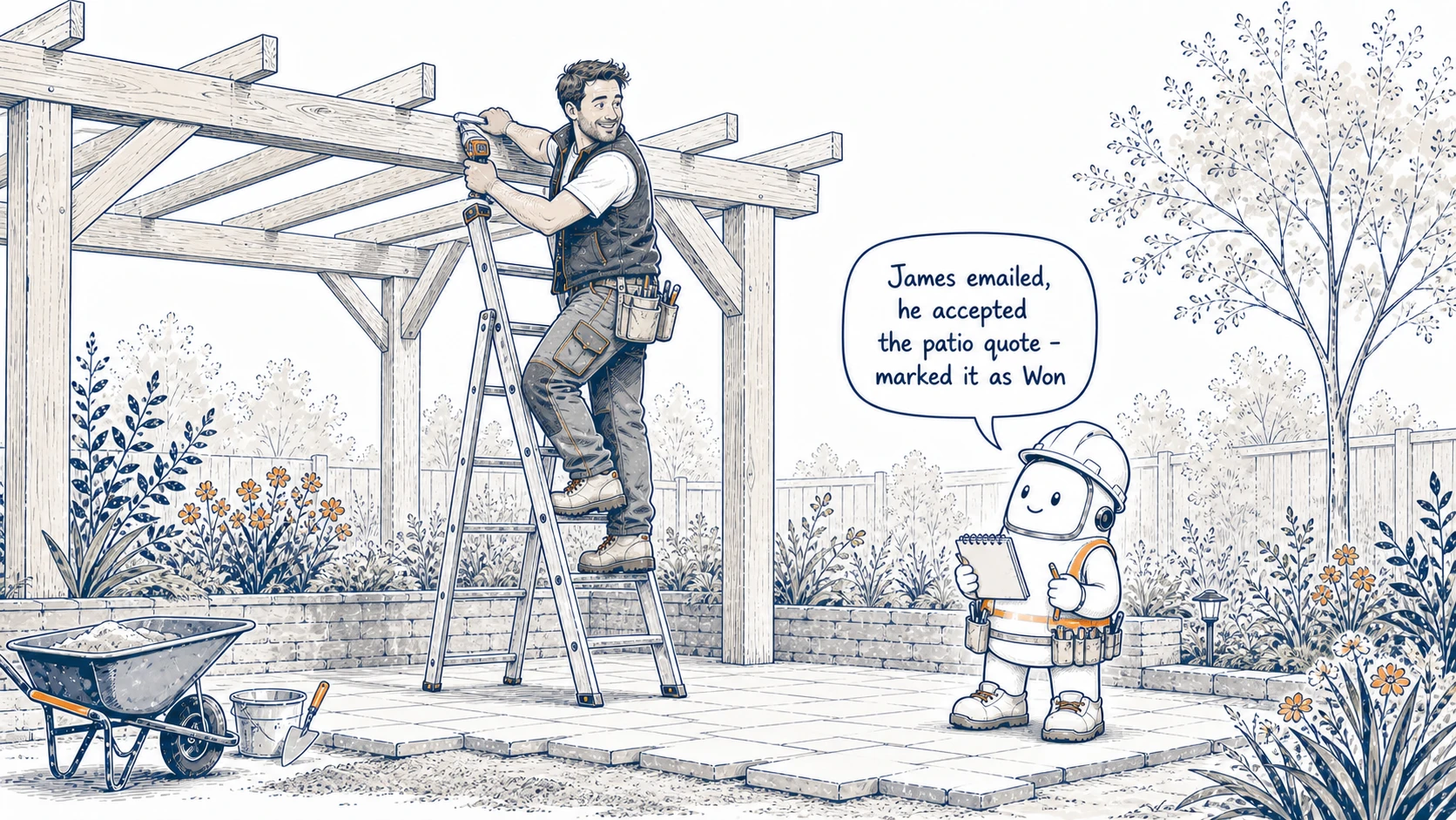 A tradesperson works from a ladder while Bert tells him that James accepted the patio quote and the job has been marked as won.