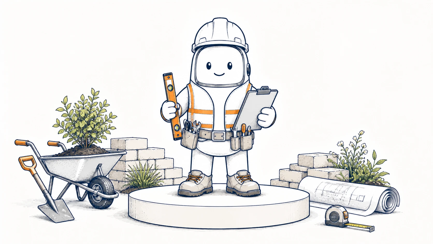 Bert dressed for site work, standing with landscaping tools, plans and a garden wall.