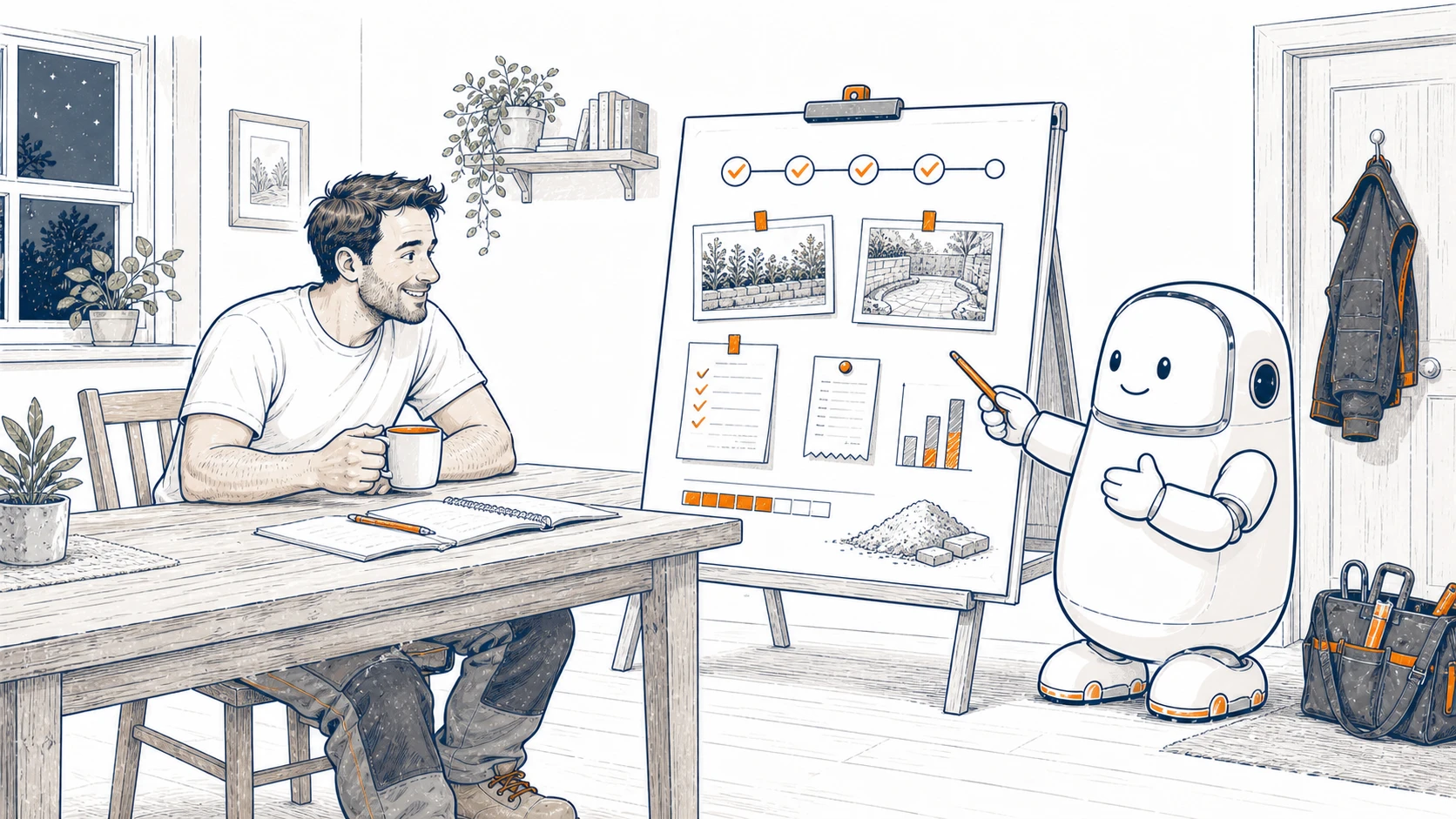 At home after work, a tradesperson reviews the job while Bert presents its activity, progress, photos and expenses together in one place.