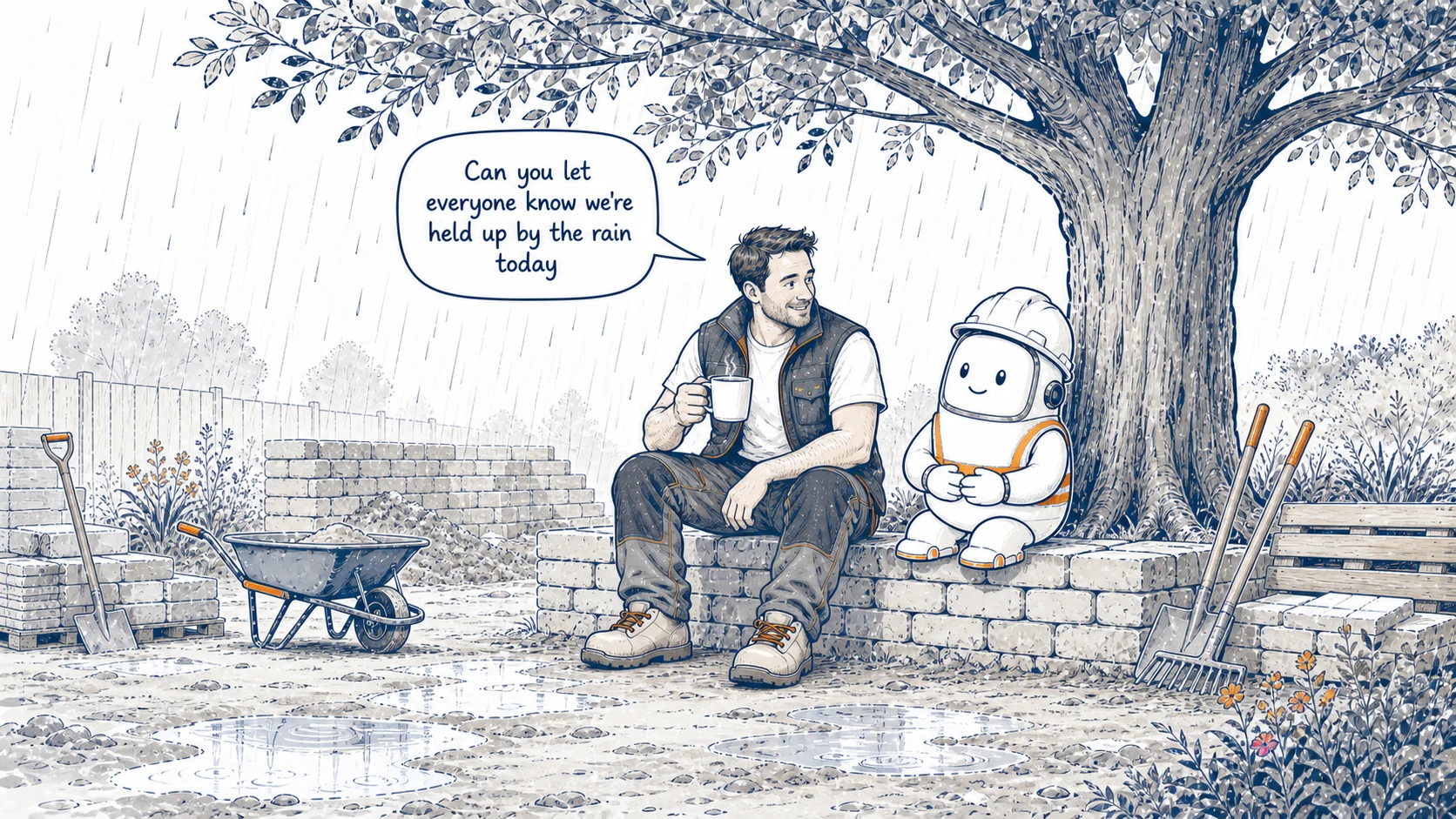 A tradesperson and Bert shelter from the rain beneath a tree while discussing an update for everyone affected by the delay.